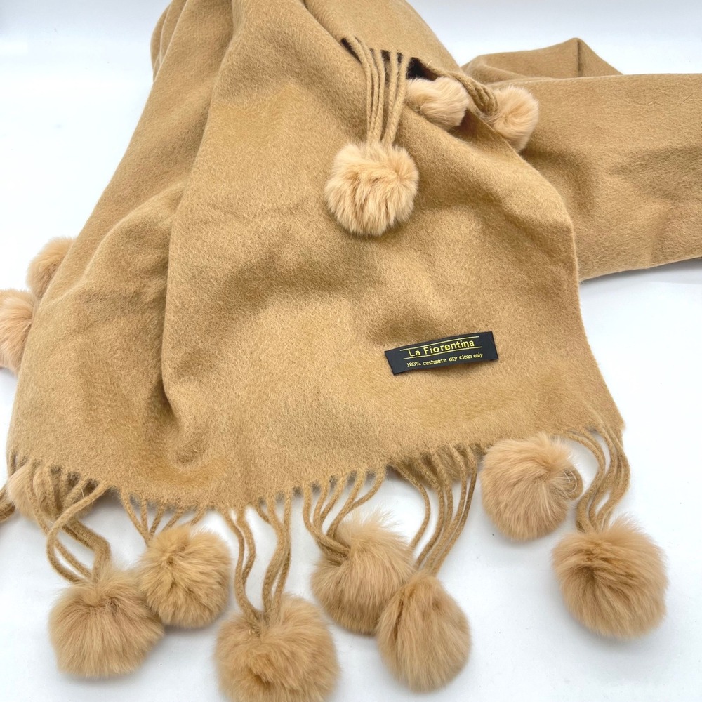 La Fiorentina 100% Cashmere Scarf Wrap Camel Tan Pom Pom Fringe Luxury Shawl